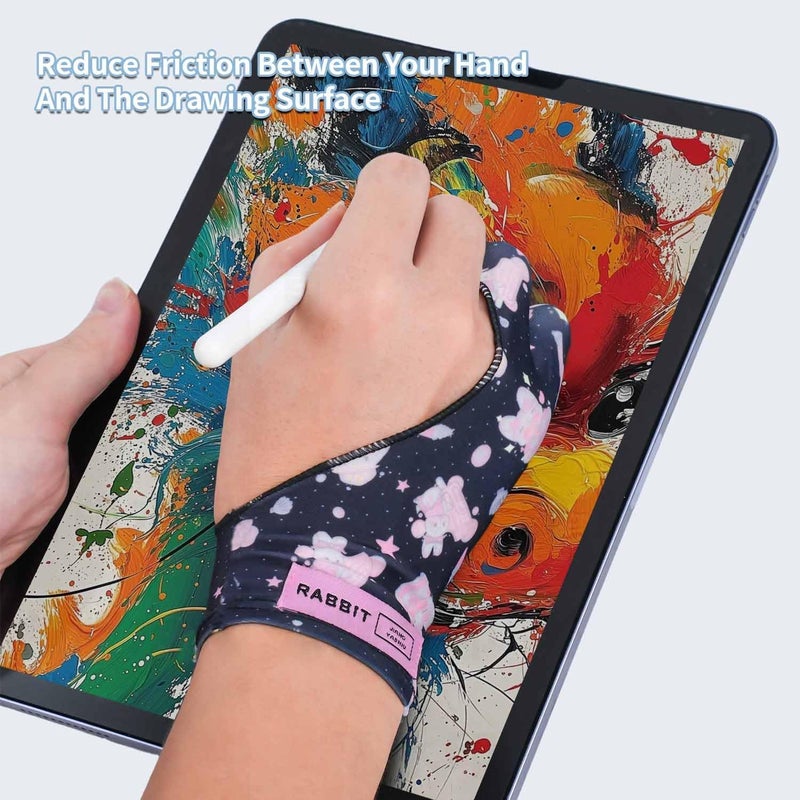 Spaseeba Artist Drawing Glove, Two-Finger Digital Art Glove for Drawing Tablet/Pen Display/Monitor Cute Rabbit Print Universal for Right and Left Hand, M Blackpink Color - Image 2